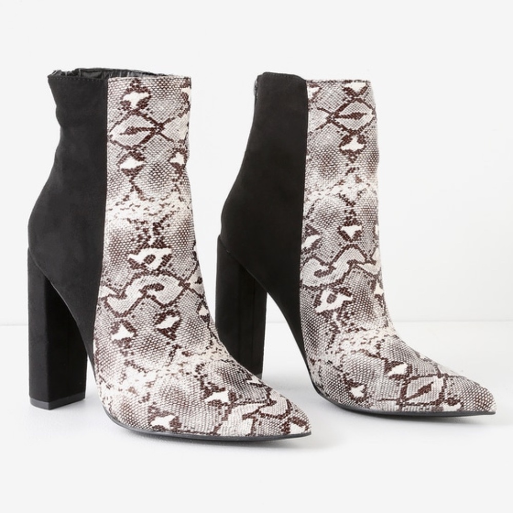 Lulus Karin Natural Snake Two-tone High Heel Booties Beige - Size 8